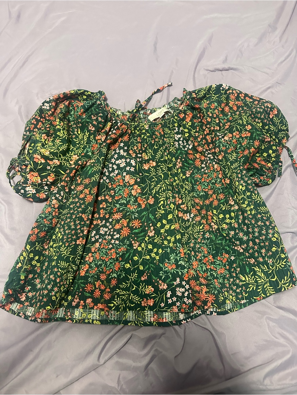 LOFT Dark Green Floral Smocked Top with Red & Yellow Blooms